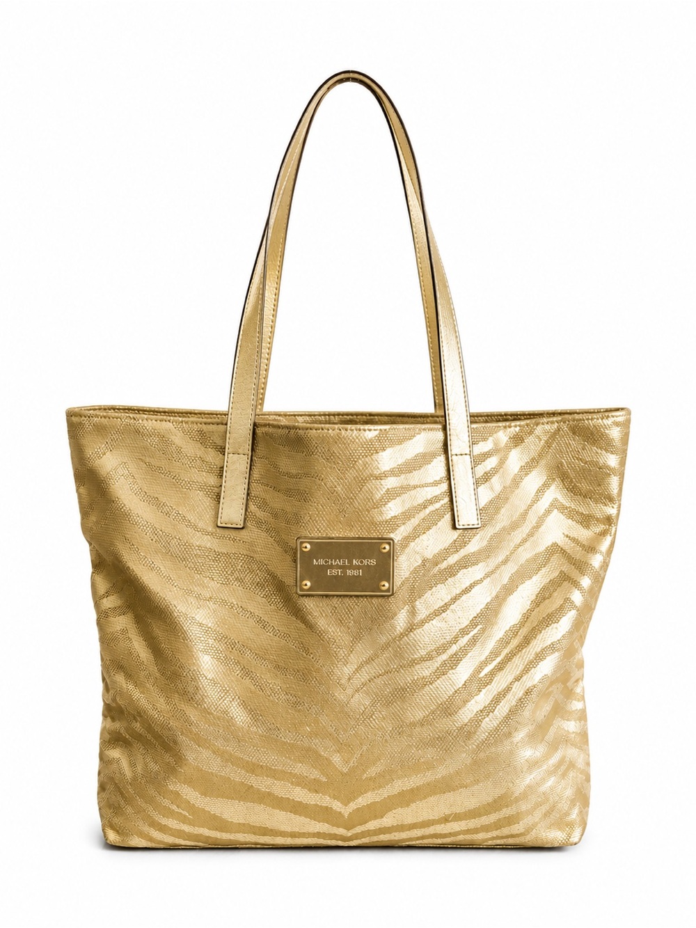 Michael Kors Metallic Gold Zebra Print Tote Shoulder Bag Large Purse - Picture 2 of 12